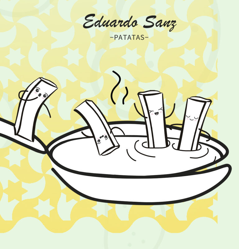 Ilustraci&oacute;n de patatas fritas animadas en una sart&eacute;n, representando la marca Eduardo Sanz Patatas.