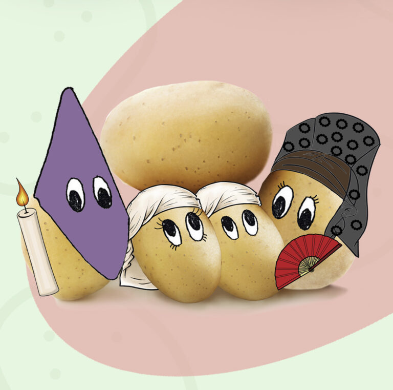 Dibujo de patatas disfrazadas de nazareno, manolas y patata natural, representando la Semana Santa y folclore espa&ntilde;ol