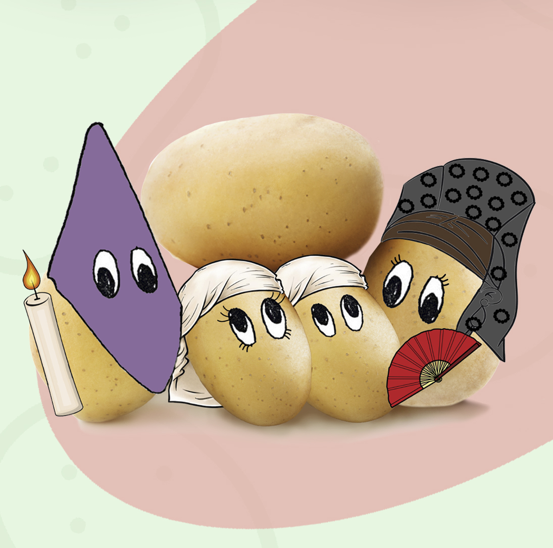 Dibujo de patatas disfrazadas de nazareno, manolas y patata natural, representando la Semana Santa y folclore espa&ntilde;ol